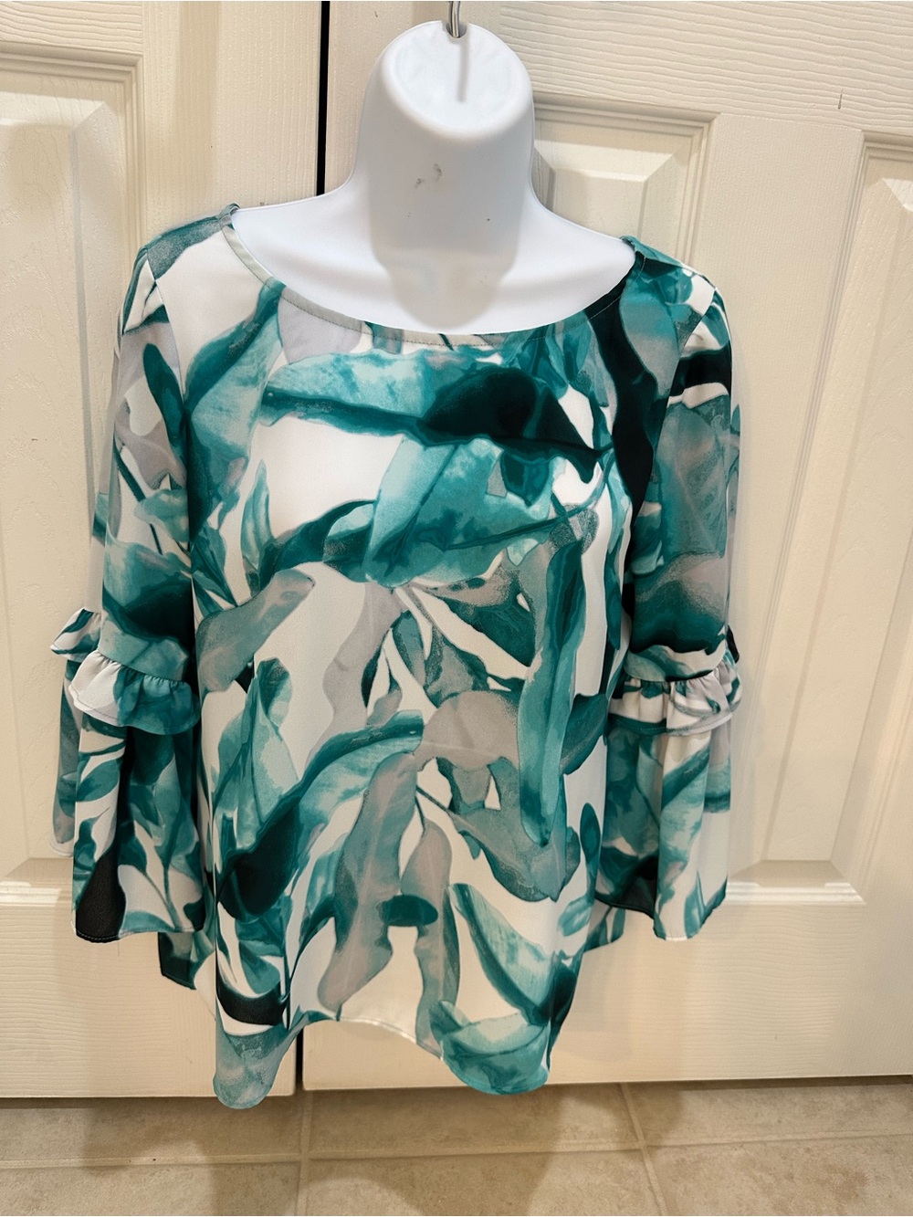 White House Black Market Teal and White Watercolor Print Bell Sleeve Blouse